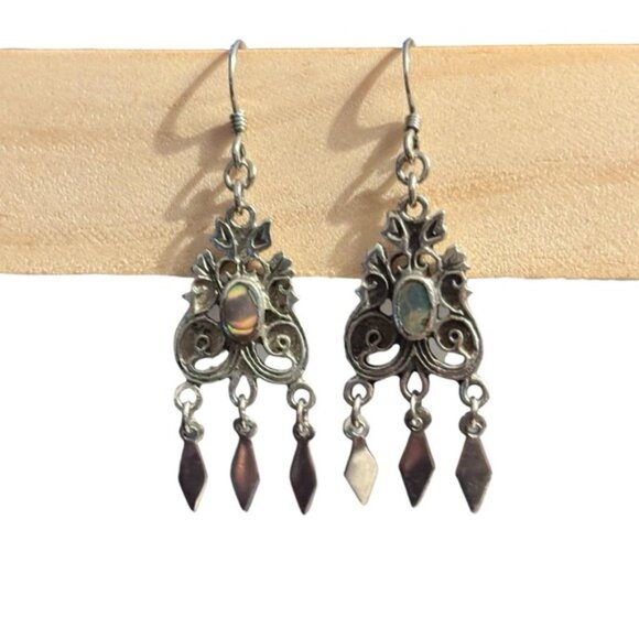 Abalone Shell Earrings Pot Metal Silver Tone Southwestern VTG Dangle Drop Ornate - Picture 3 of 10